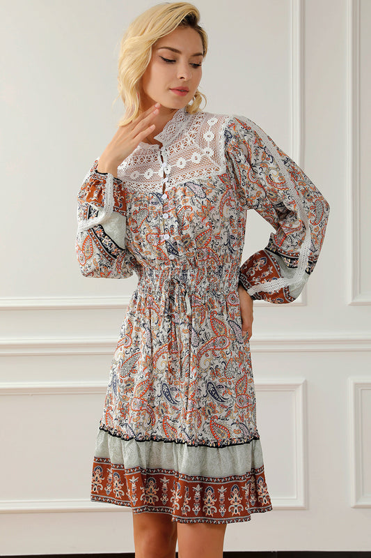 The Printed Lace Detail Balloon Sleeve Dress