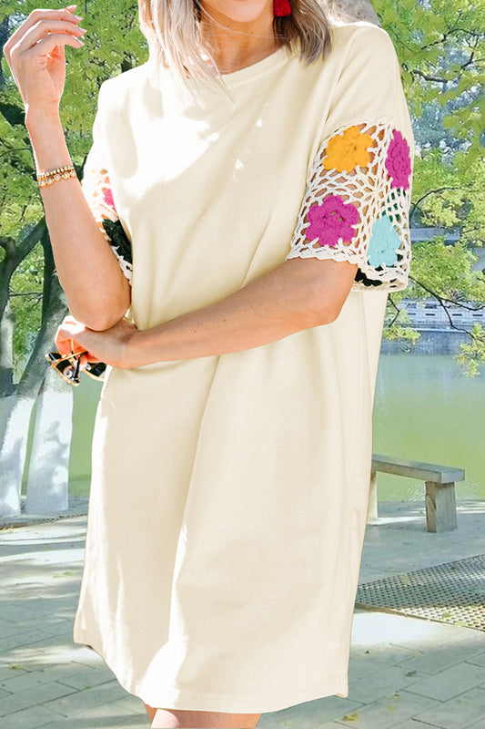 The Openwork Crochet Round Neck Half Sleeve Dress