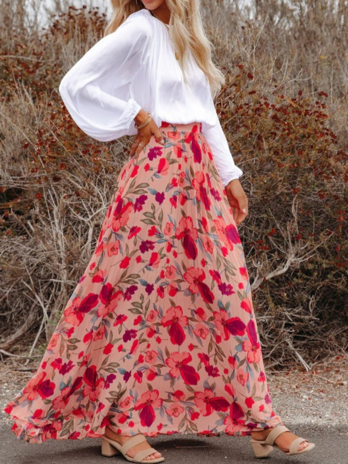 The Pink Printed Elastic Waist Maxi Skirt