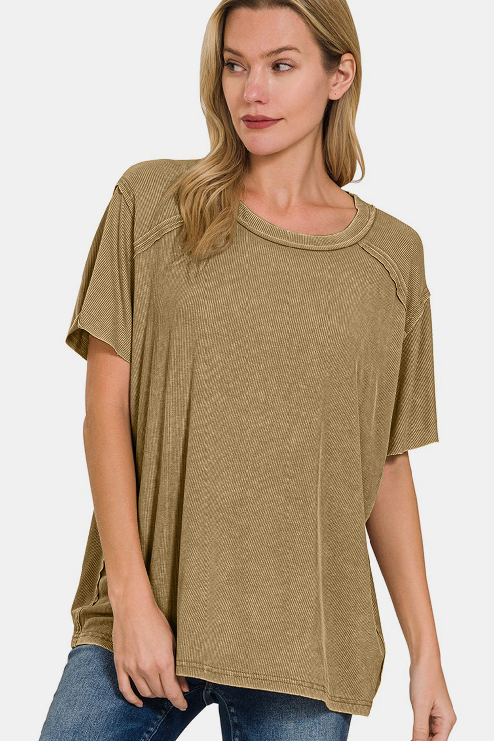 The Mocha Washed Ribbed Short Sleeve Top
