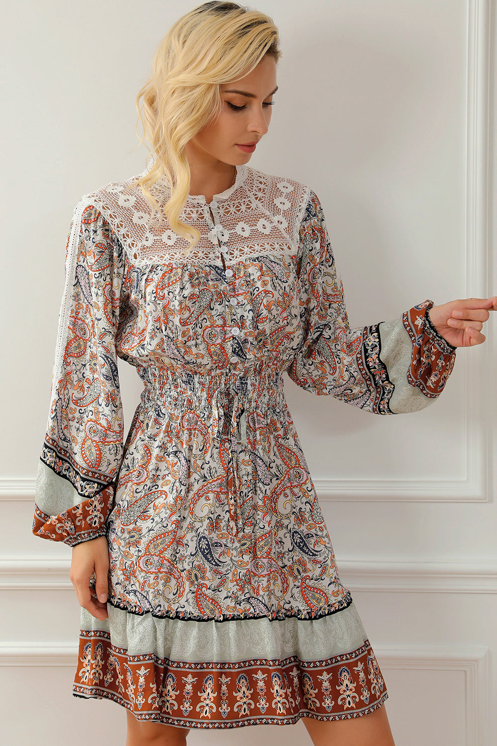 The Printed Lace Detail Balloon Sleeve Dress