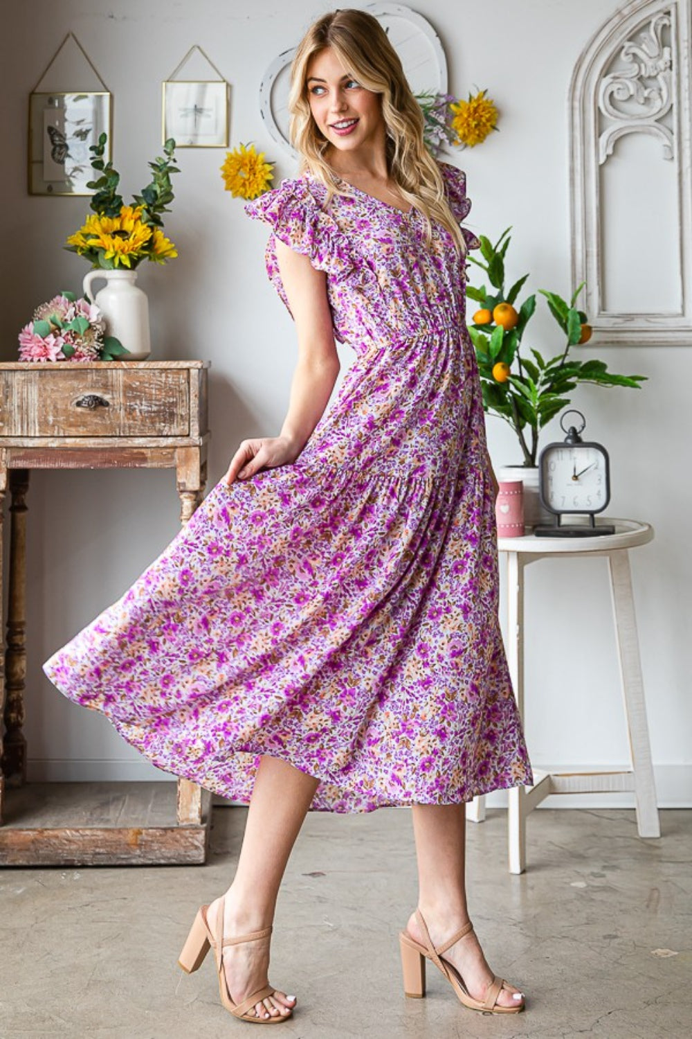 The Lavender Ruffled Midi Dress