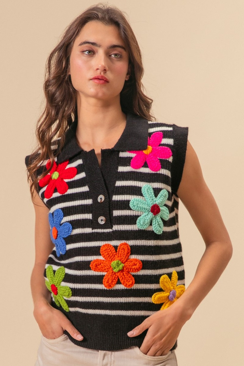 The Flower Patch Striped Half Button Sweater Vest