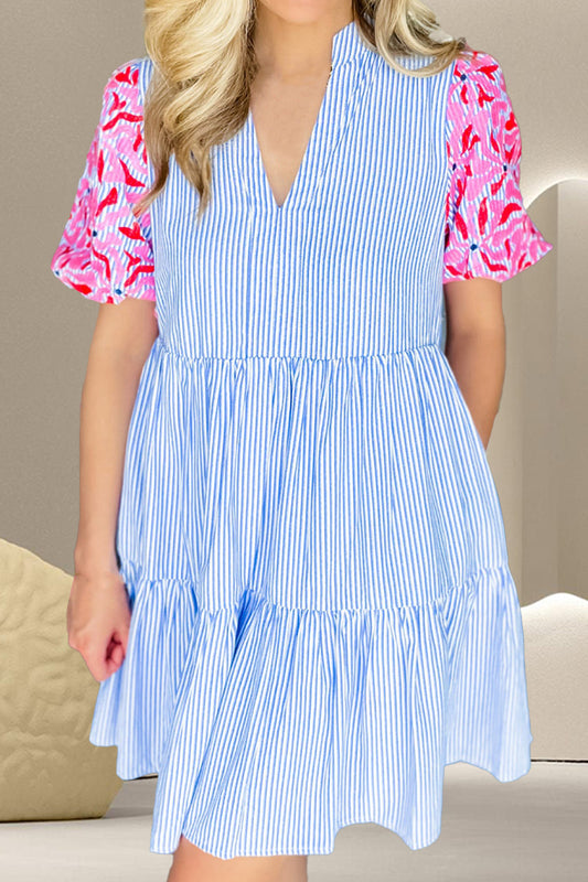 The Embroidered Striped Notched Short Sleeve Dress