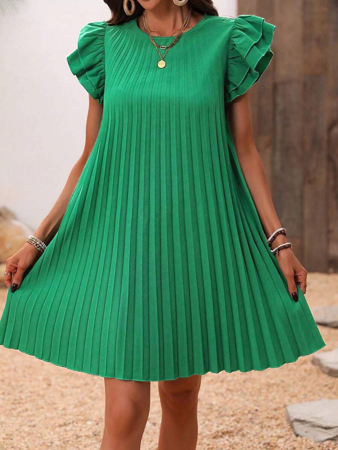 The Pleated Cap Sleeve Mini Dress