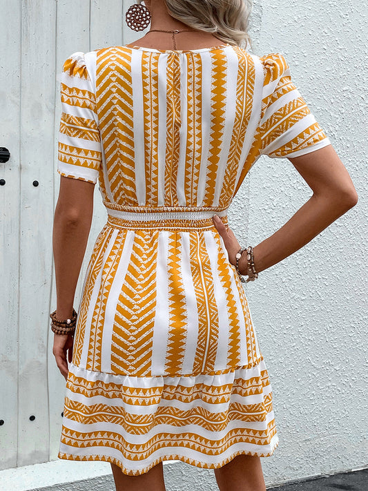 The Geometric Notched Short Sleeve Mini Dress