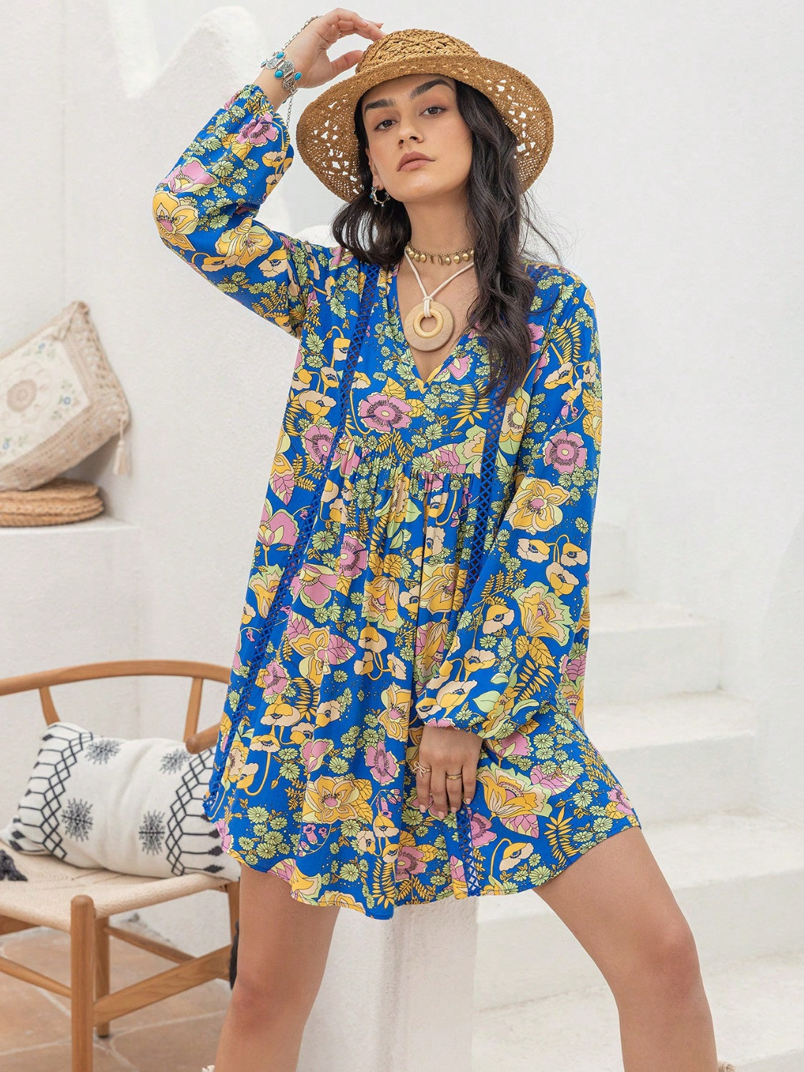 The Royal Blue Printed V-Neck Balloon Sleeve Mini Dress