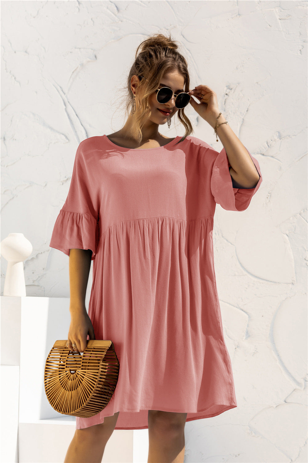 The Boat Neck Flounce Sleeve Knee-Length Dress