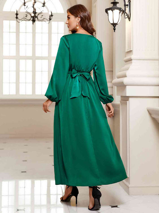 The Green Surplice Slit Midi Dress