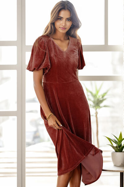 The Chestnut Balloon Sleeve Midi Dress