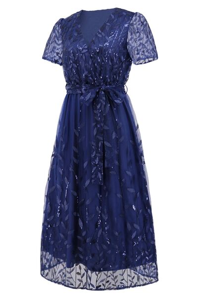 The Sequin Leaf Embroidery Tie Front Dress