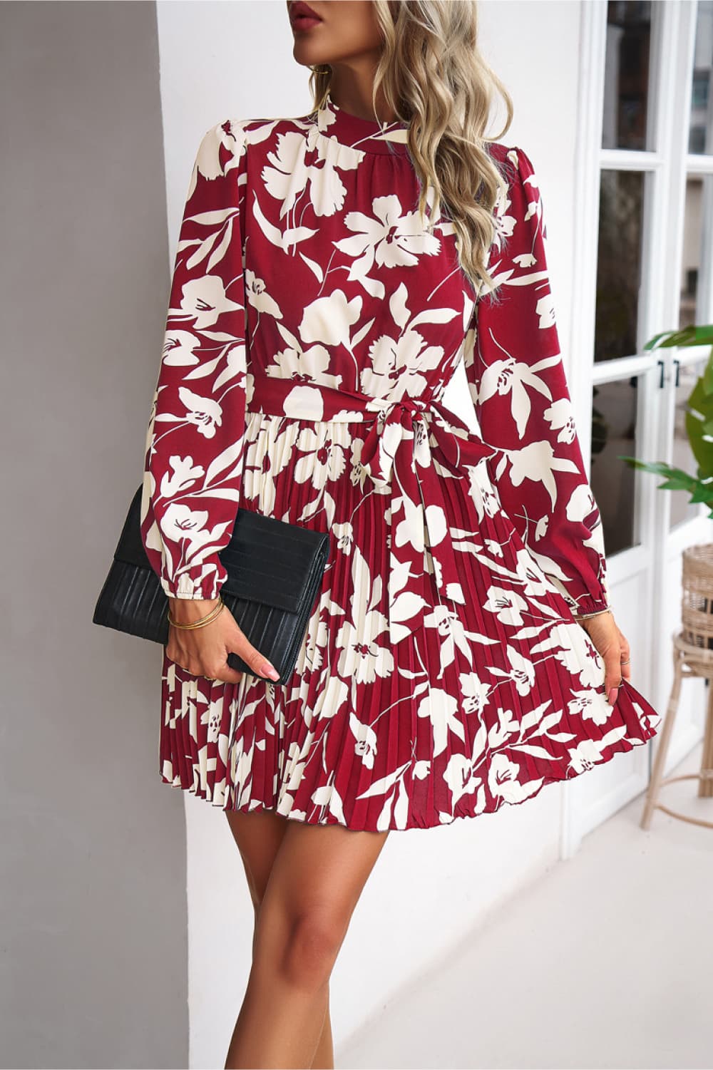 The Mock Neck Tie Waist Pleated Dress
