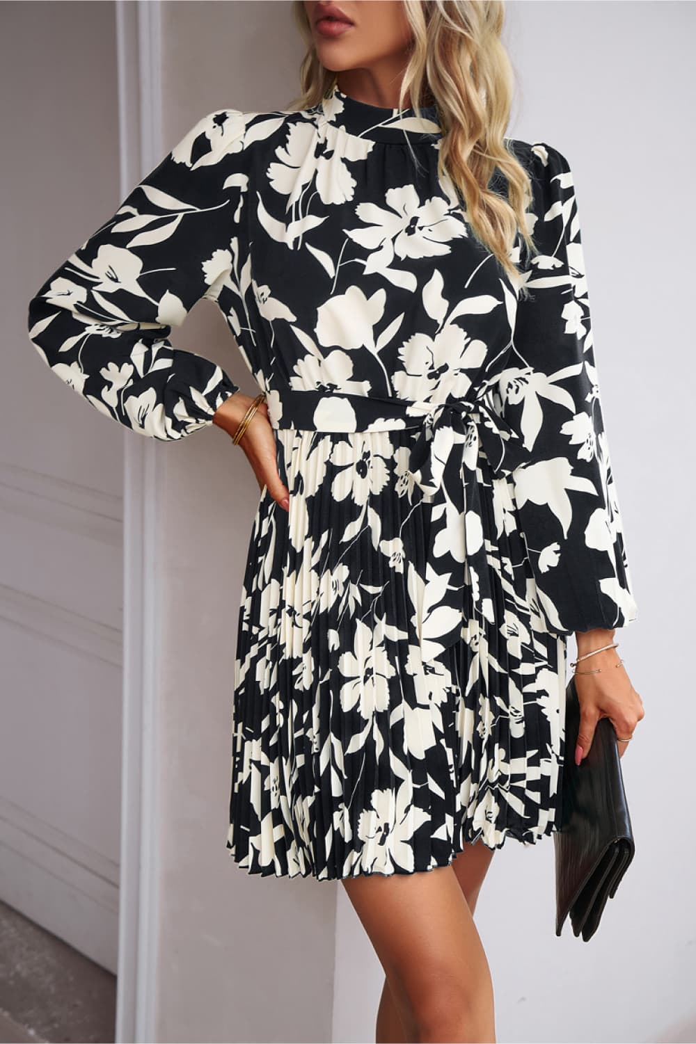 The Mock Neck Tie Waist Pleated Dress
