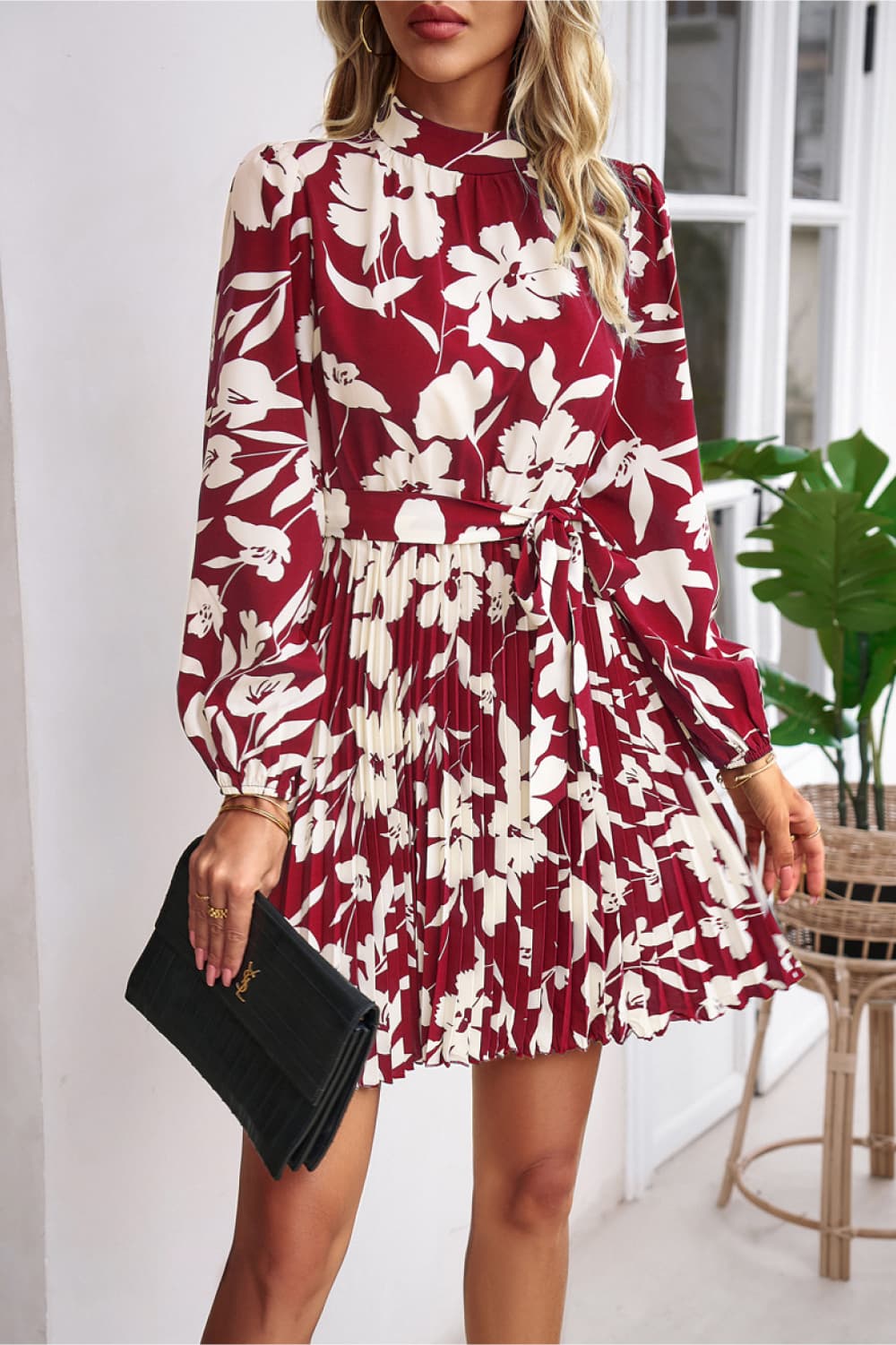 The Mock Neck Tie Waist Pleated Dress