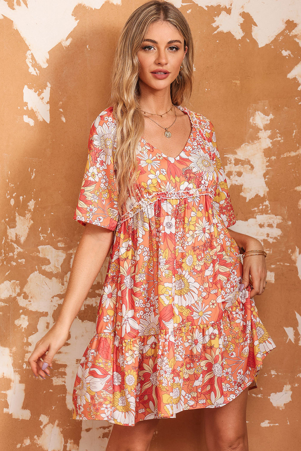 The Orange Floral Print Mini Dress
