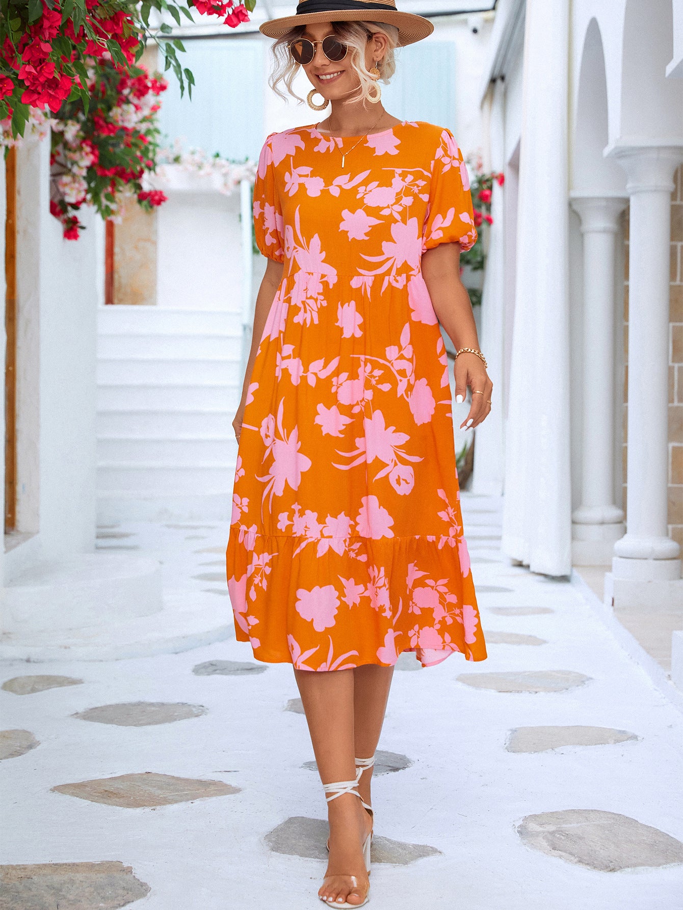 bright orange floral dress Orange Floral Cotton Short Sleeve Dress - Mini Dresses