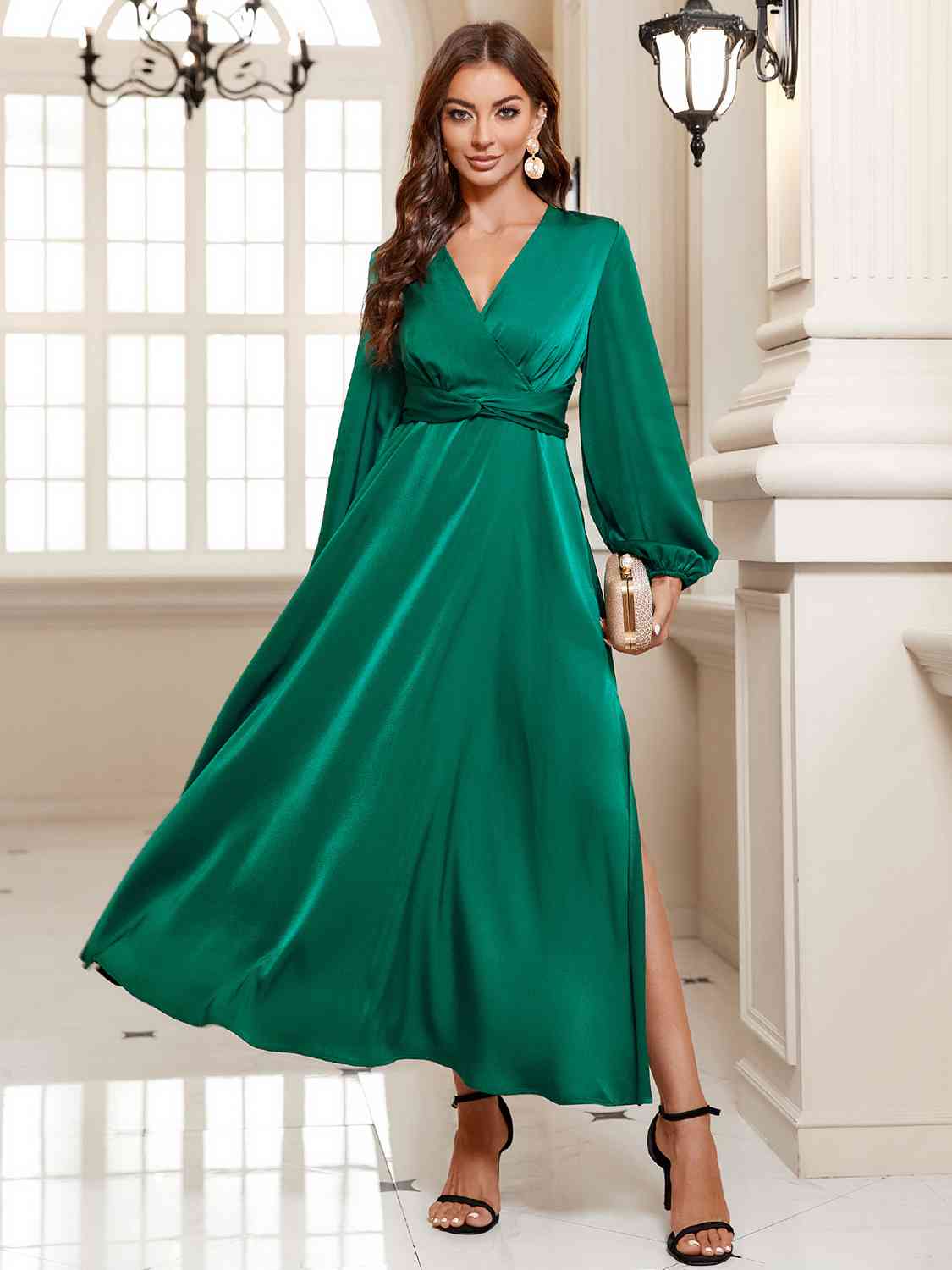 The Green Surplice Slit Midi Dress
