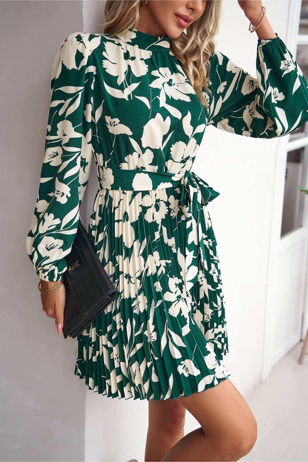 The Mock Neck Tie Waist Pleated Dress