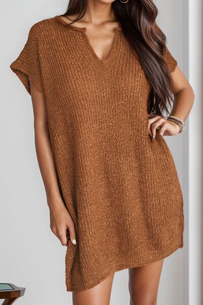The Notched Cap Sleeve Mini Sweater Dress