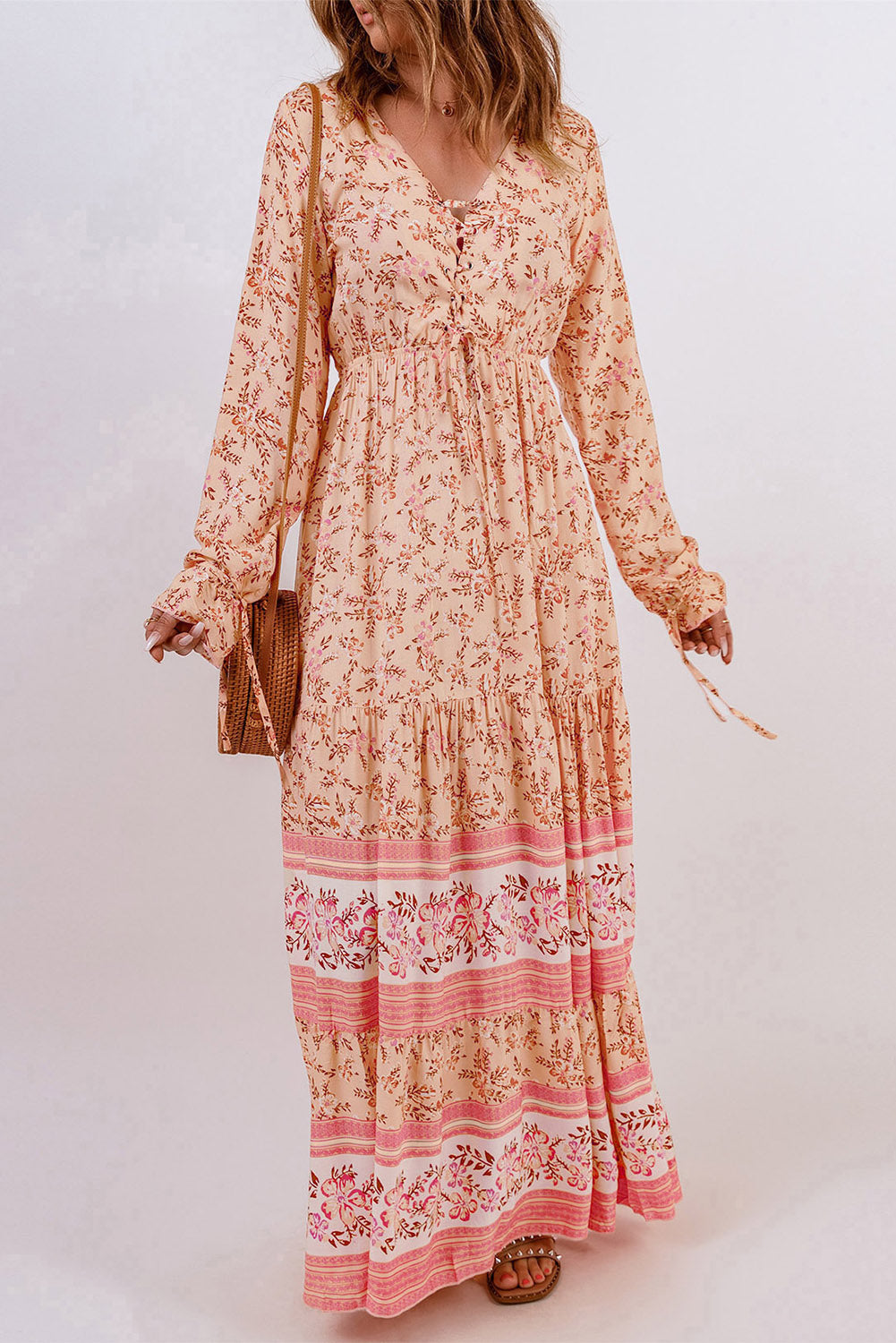 The Bohemian Lace-Up Long Sleeve Maxi Dress