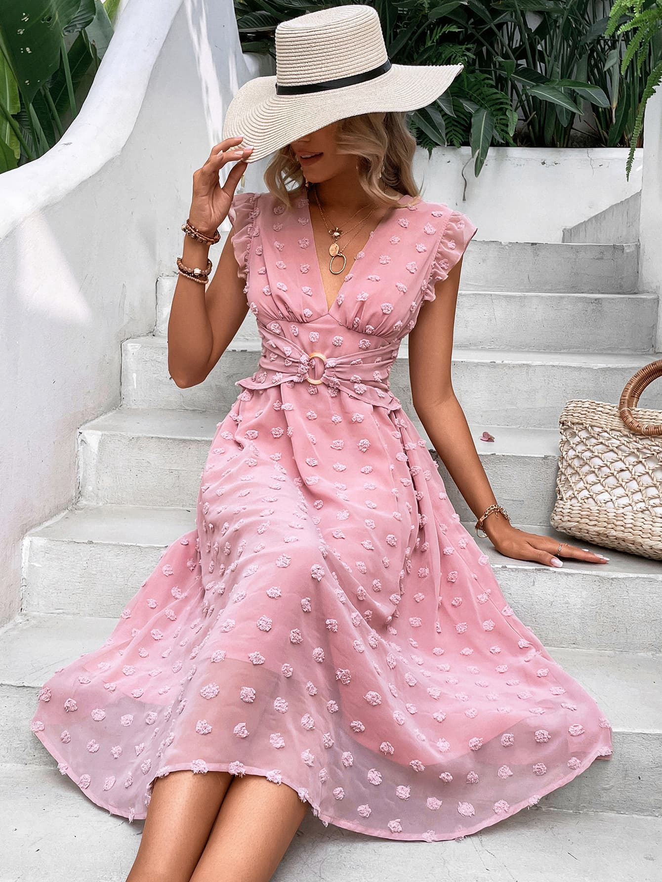 The Swiss Dot V-Neck Cap Sleeve Dress