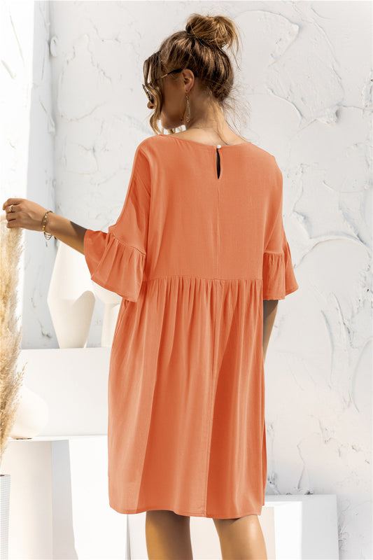 The Boat Neck Flounce Sleeve Knee-Length Dress