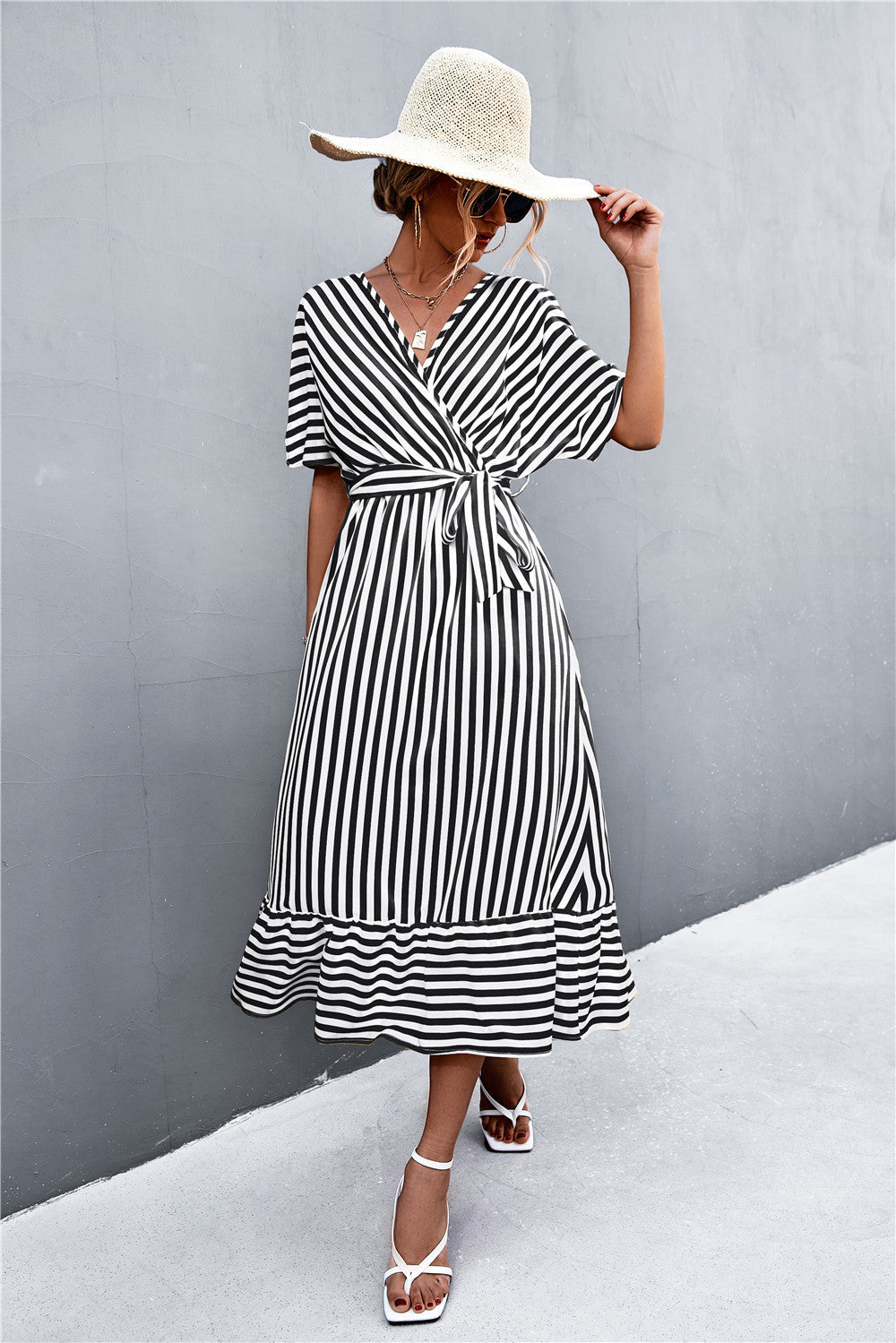 The Striped Tie Belt Midi Dress