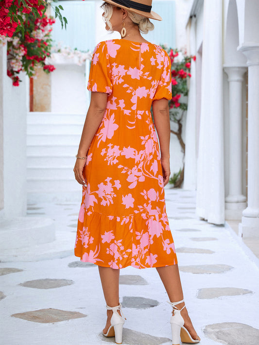 The Bright Orange & Pink Ruffle Hem Midi Dress
