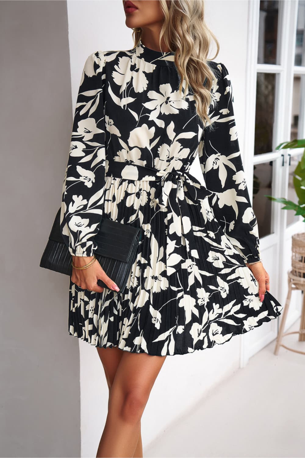 The Mock Neck Tie Waist Pleated Dress
