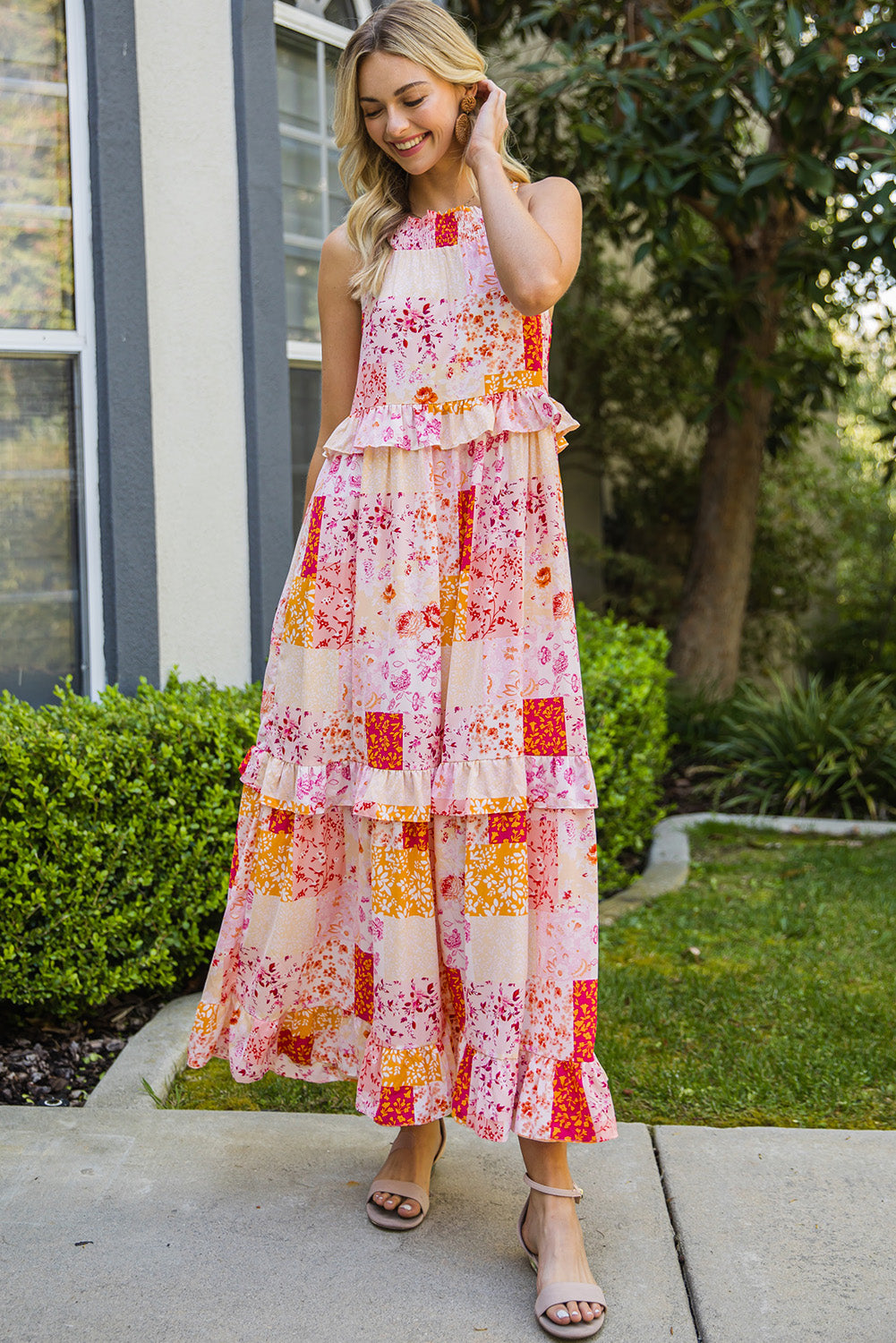 The Patchwork Grecian Neck Ruffled Maxi Dress