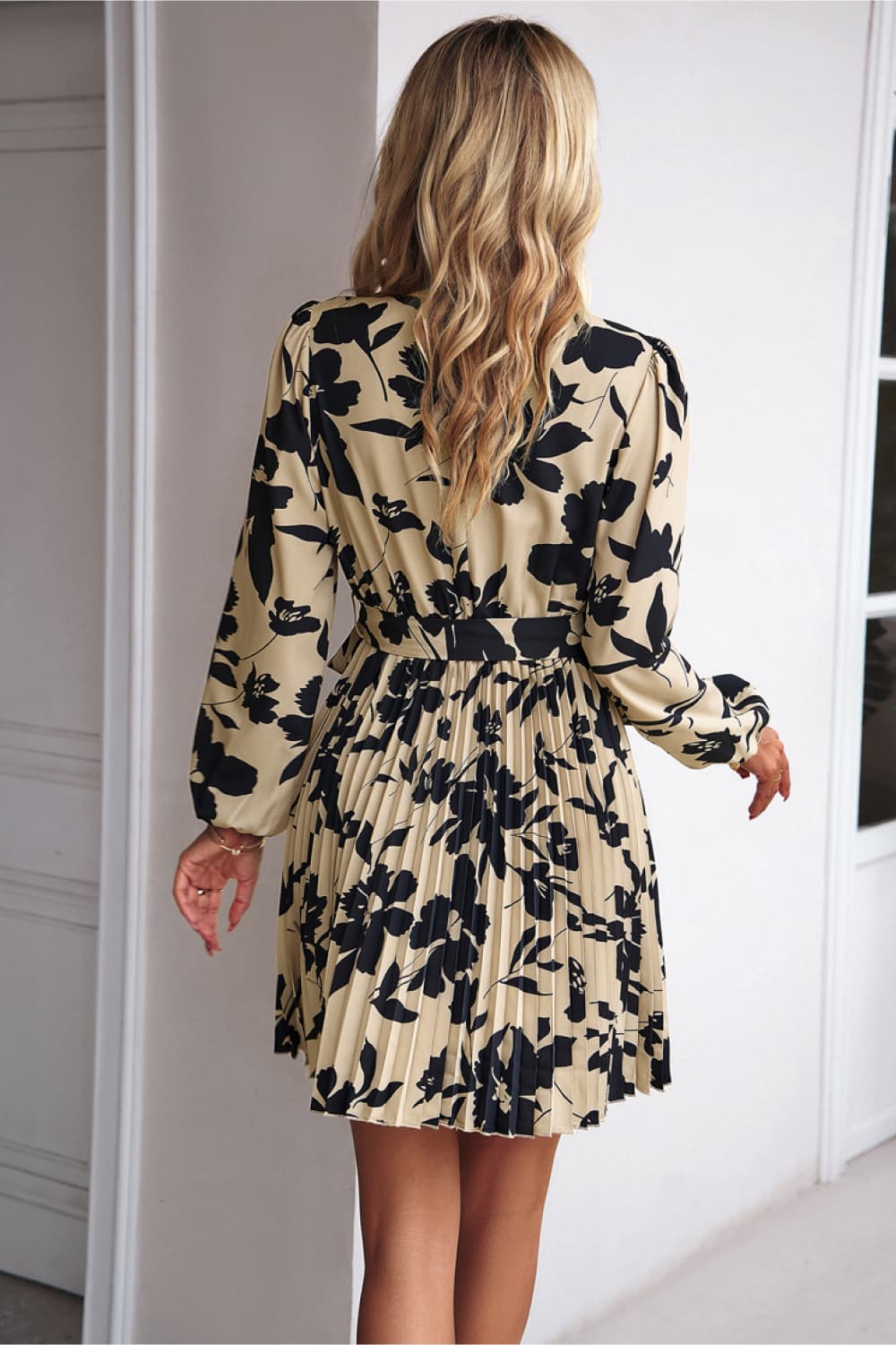 The Mock Neck Tie Waist Pleated Dress