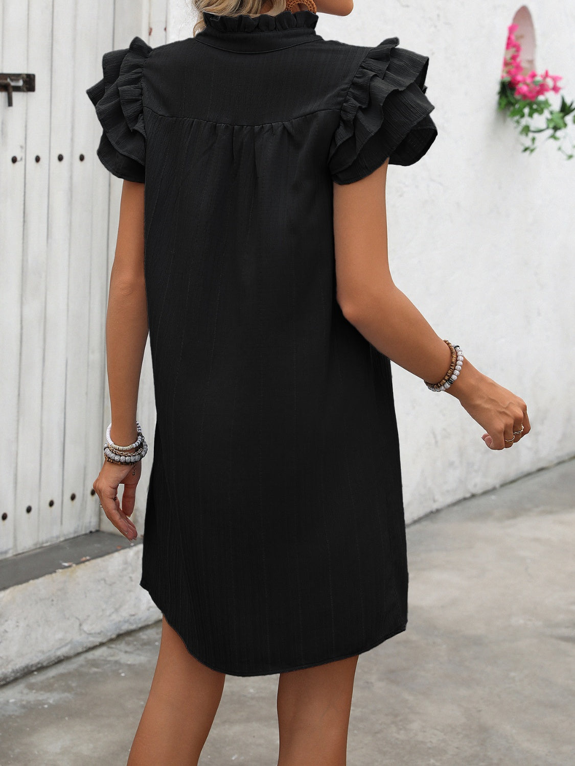 The Ruffled Notched Cap Sleeve Mini Dress