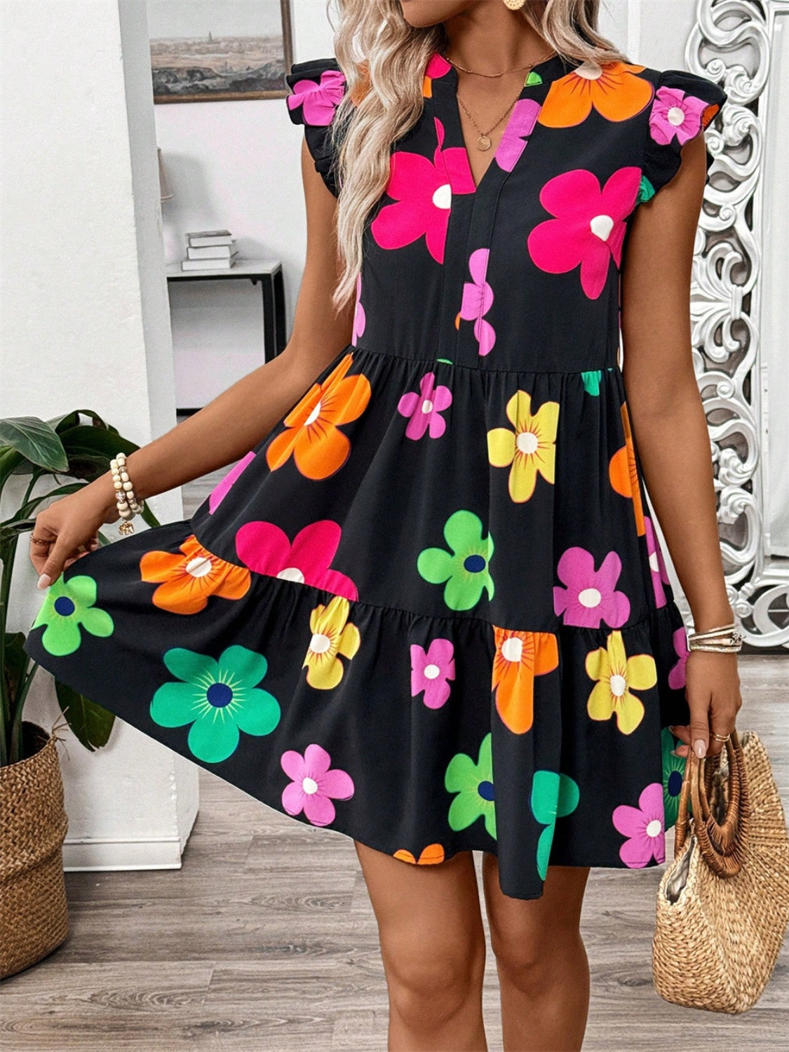 The Pops of Color Notched Cap Sleeve Dress