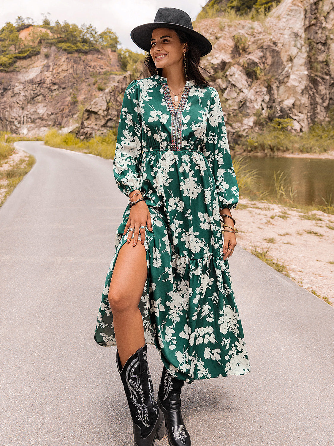 The Navy Notched Neck Maxi Dress