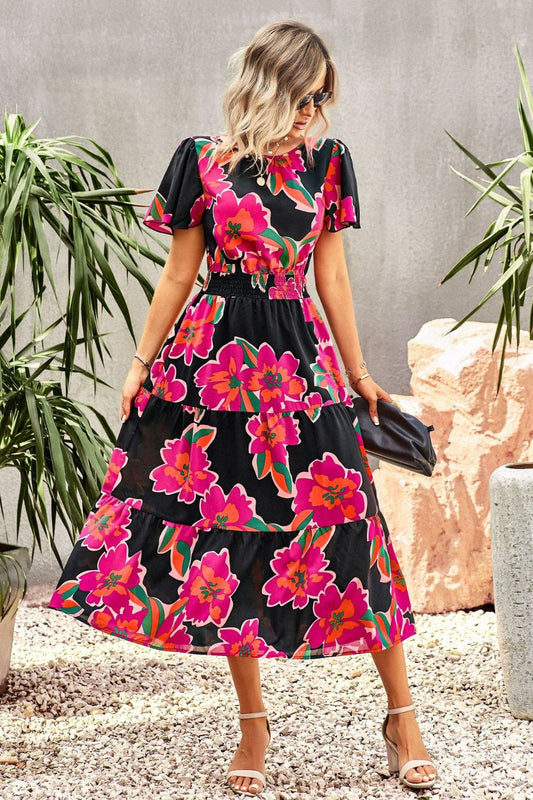 The Bold Floral Puff Sleeve Midi Dress