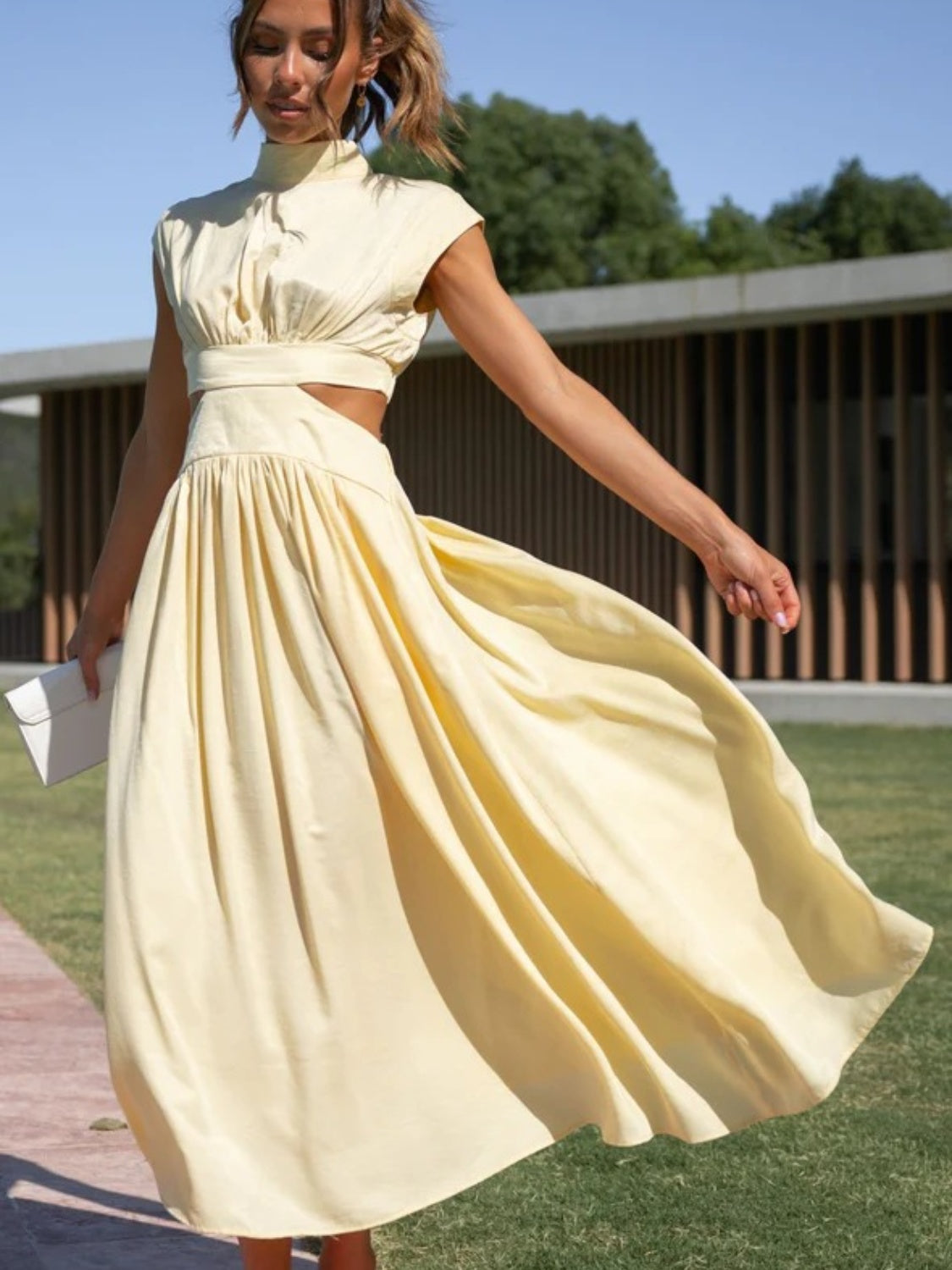 The Cutout Mock Neck Sleeveless Ruched Dress