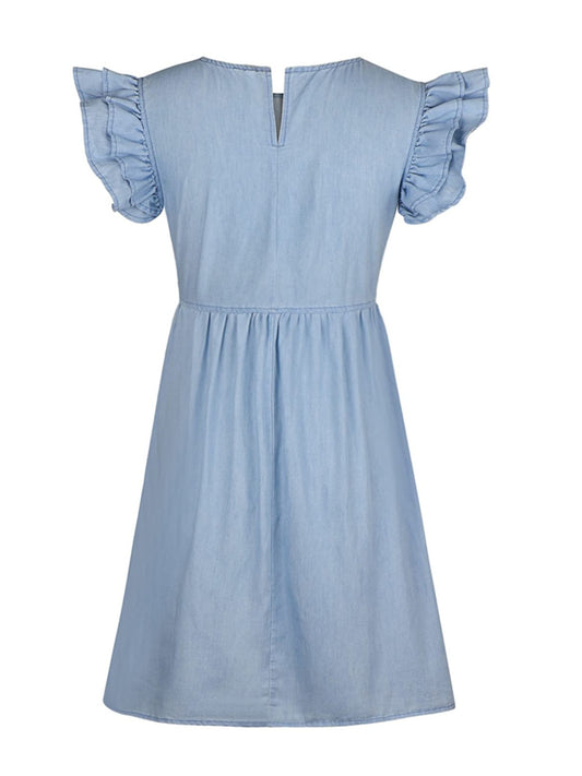 The Ruffled Round Neck Cap Sleeve Denim Dress