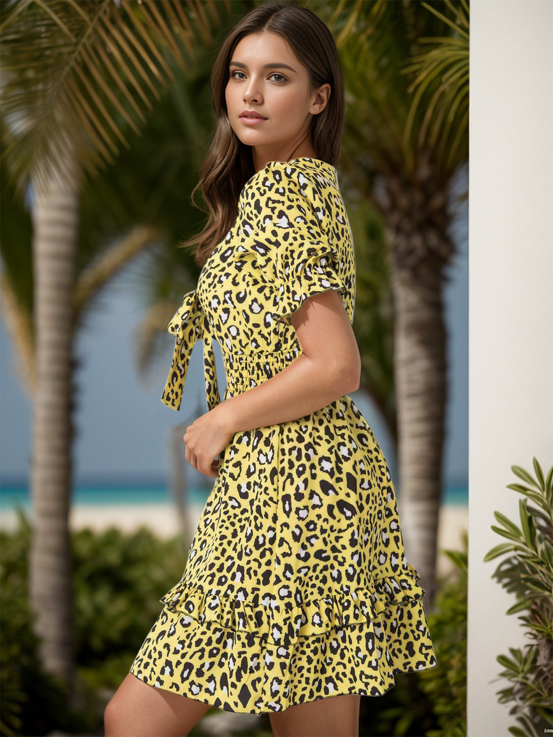 The Leopard V-Neck Flounce Sleeve Mini Dress