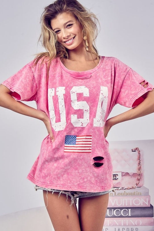 The Washed Fuschia American Flag Graphic Distressed T-Shirt