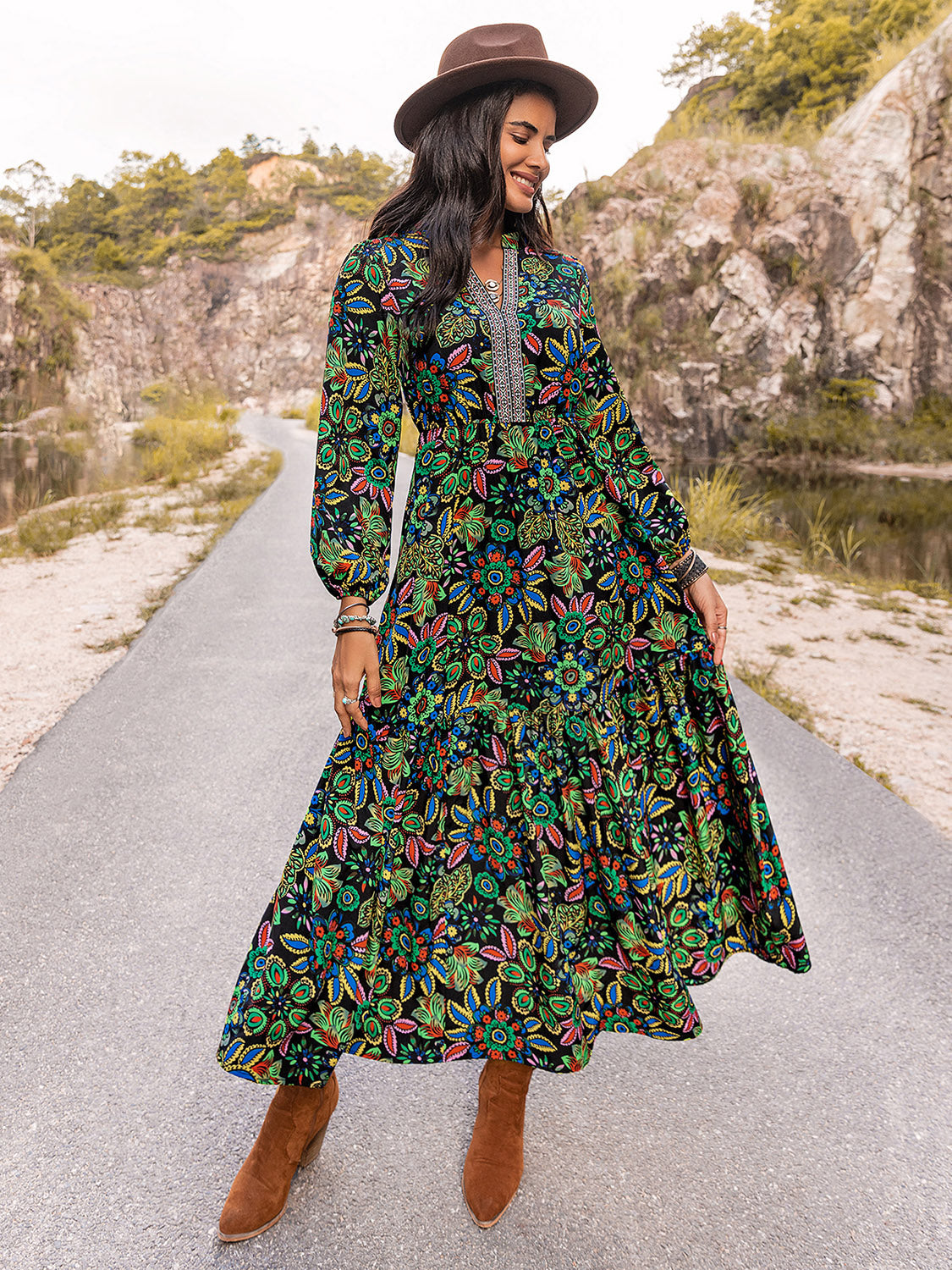 The Navy Notched Neck Maxi Dress