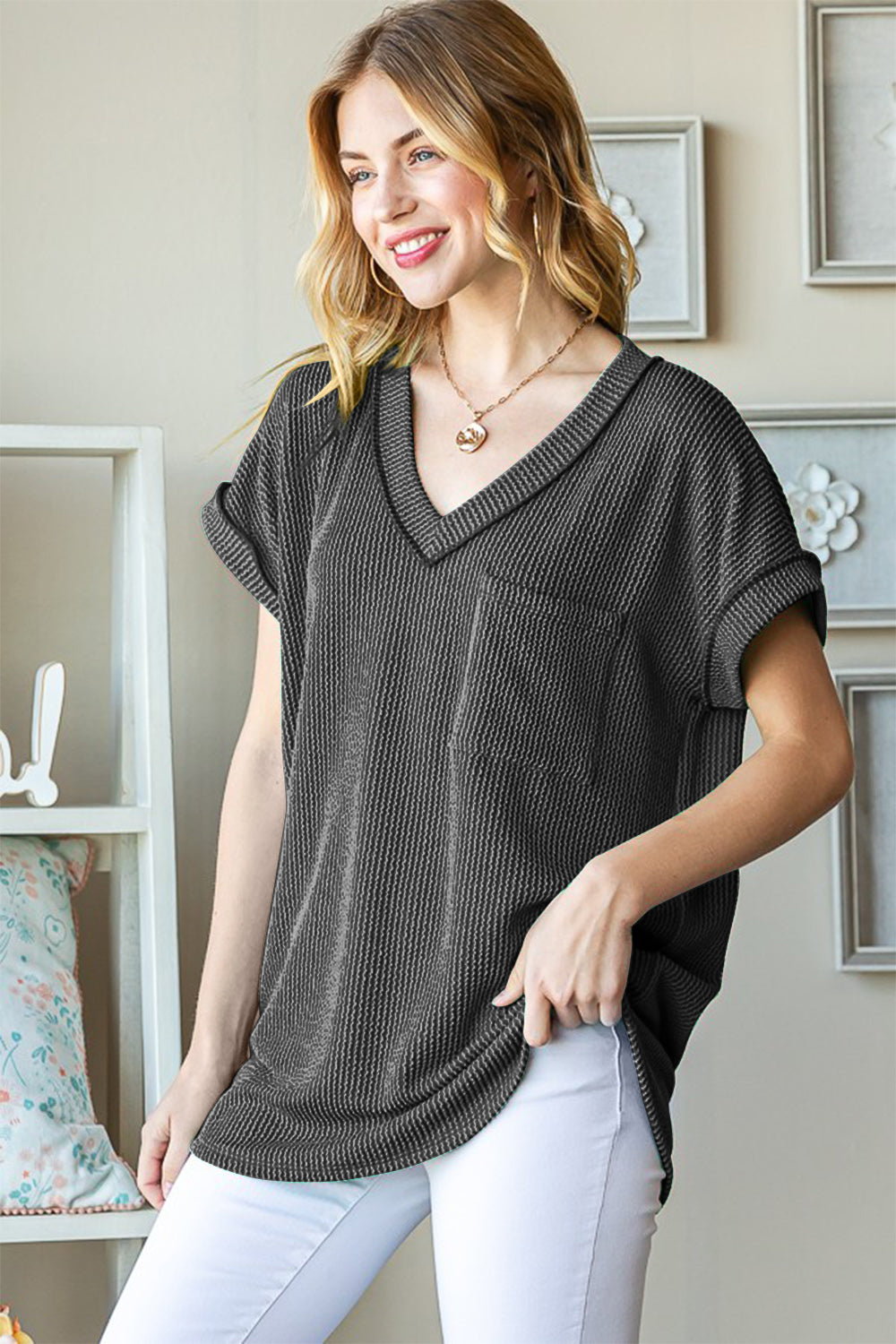 The Full Size Front Pocket Short Sleeve Ribbed Top