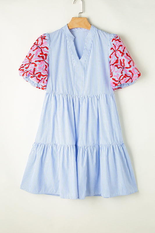 The Embroidered Striped Notched Short Sleeve Dress