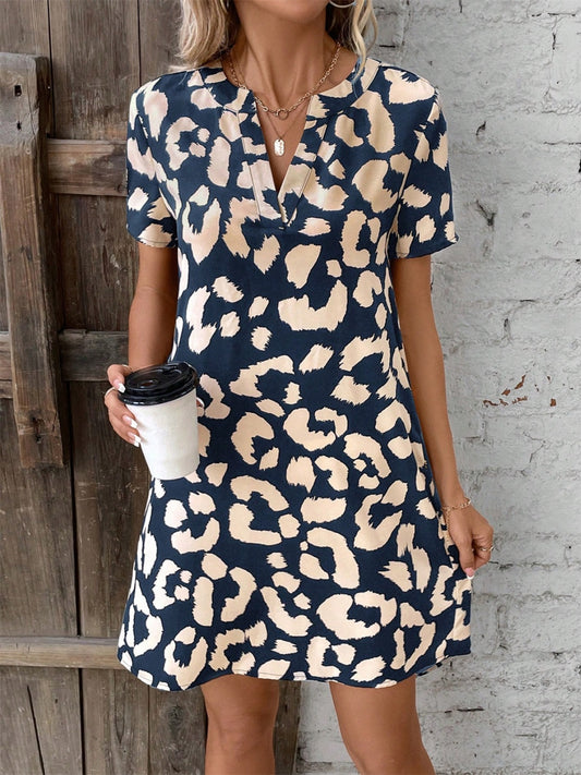 The Leopard Notched Short Sleeve Mini Dress