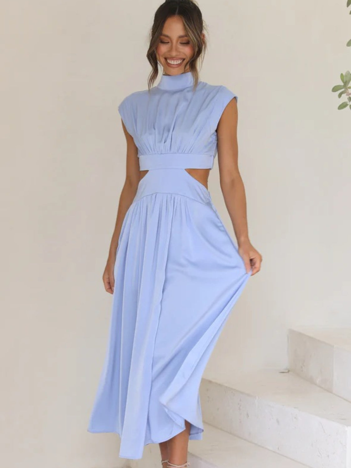 The Cutout Mock Neck Sleeveless Ruched Dress