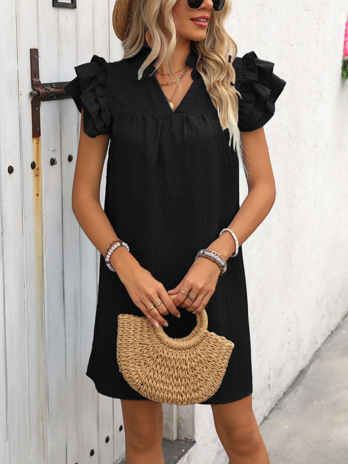 The Ruffled Notched Cap Sleeve Mini Dress