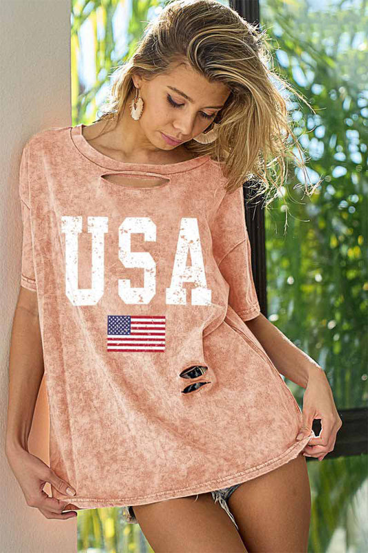 The Dusty Pink Washed American Flag Graphic Distressed T-Shirt