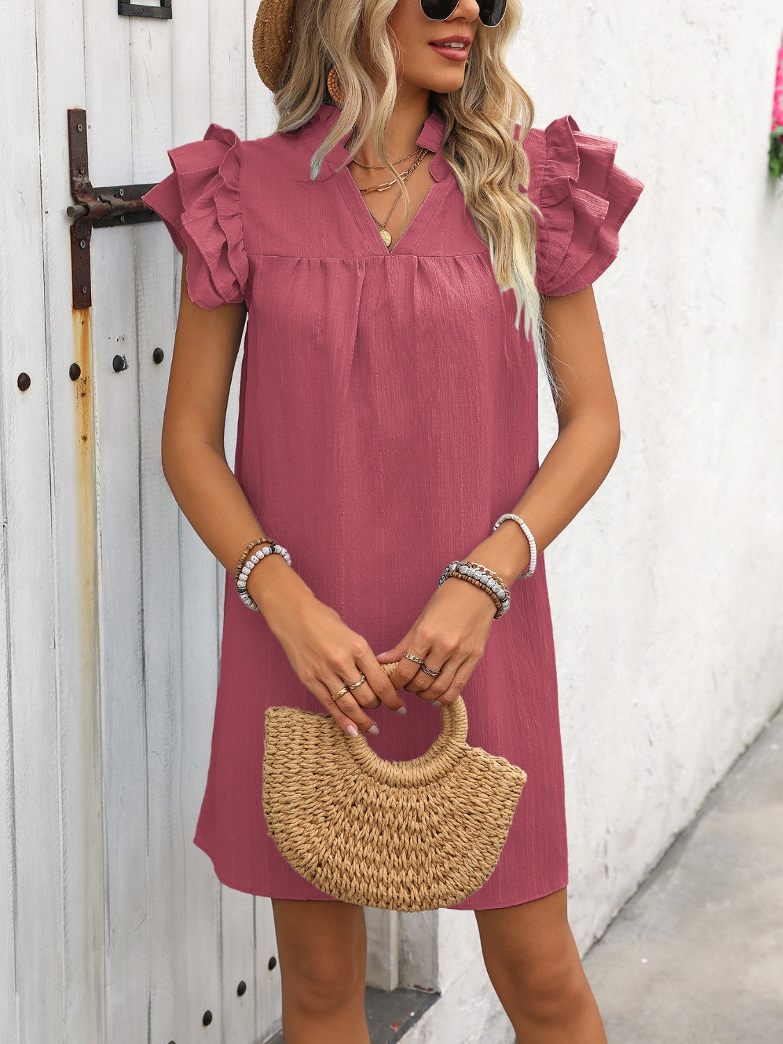 The Ruffled Notched Cap Sleeve Mini Dress