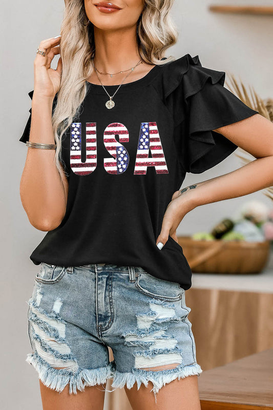 The USA Round Neck Flounce Sleeve Top