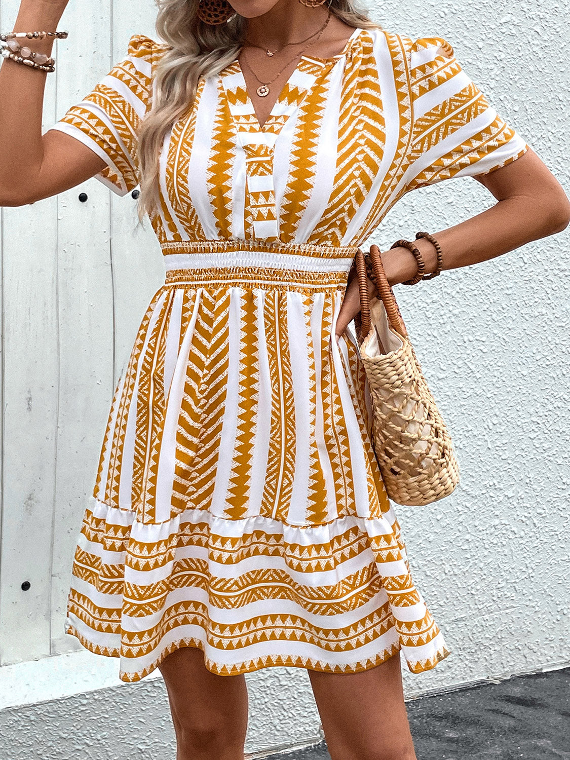 The Geometric Notched Short Sleeve Mini Dress