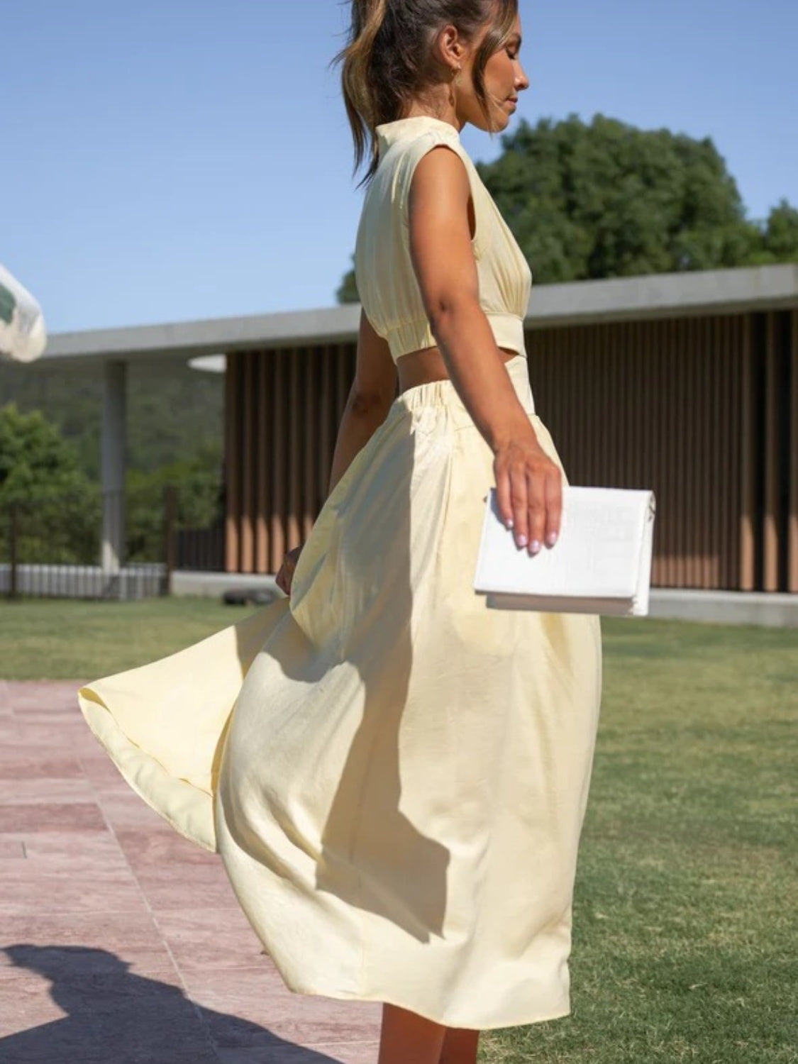 The Cutout Mock Neck Sleeveless Ruched Dress